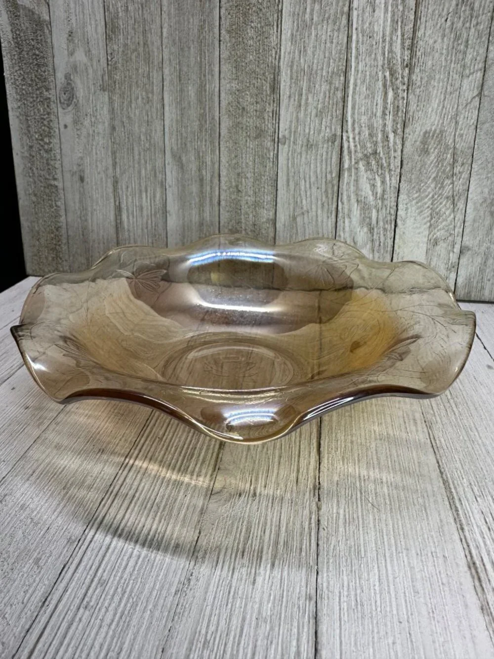 Vintage Jeanette Carniva Glass Bowl Ruffled Iridescent Marigold 1950’s 9.5